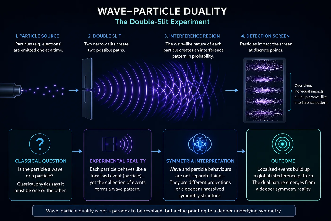 Figure 1.1 — Wave-particle duality shown through the double-slit experiment: individual particle detections form a collective interference pattern.